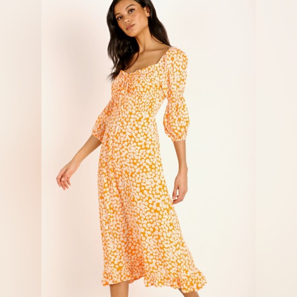 Faithfull The Brand Nora Orange Dusty Floral Long Sleeve Midi Dress